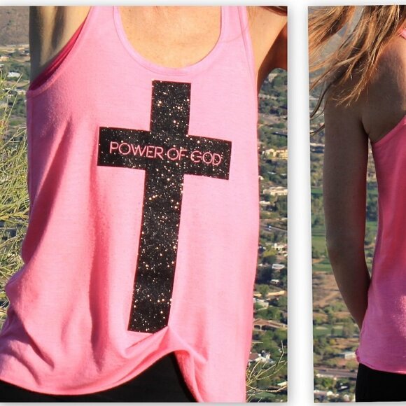 Womens Bella Pink Black Glitter Cross Power of God 1 Corinthians 1:18 Tank Top S - Picture 4 of 7